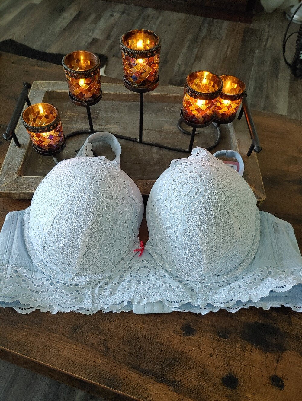 NWT Cacique 46C Sexy Feminine Blue Eyelet Lace Boost Plunge Push Up